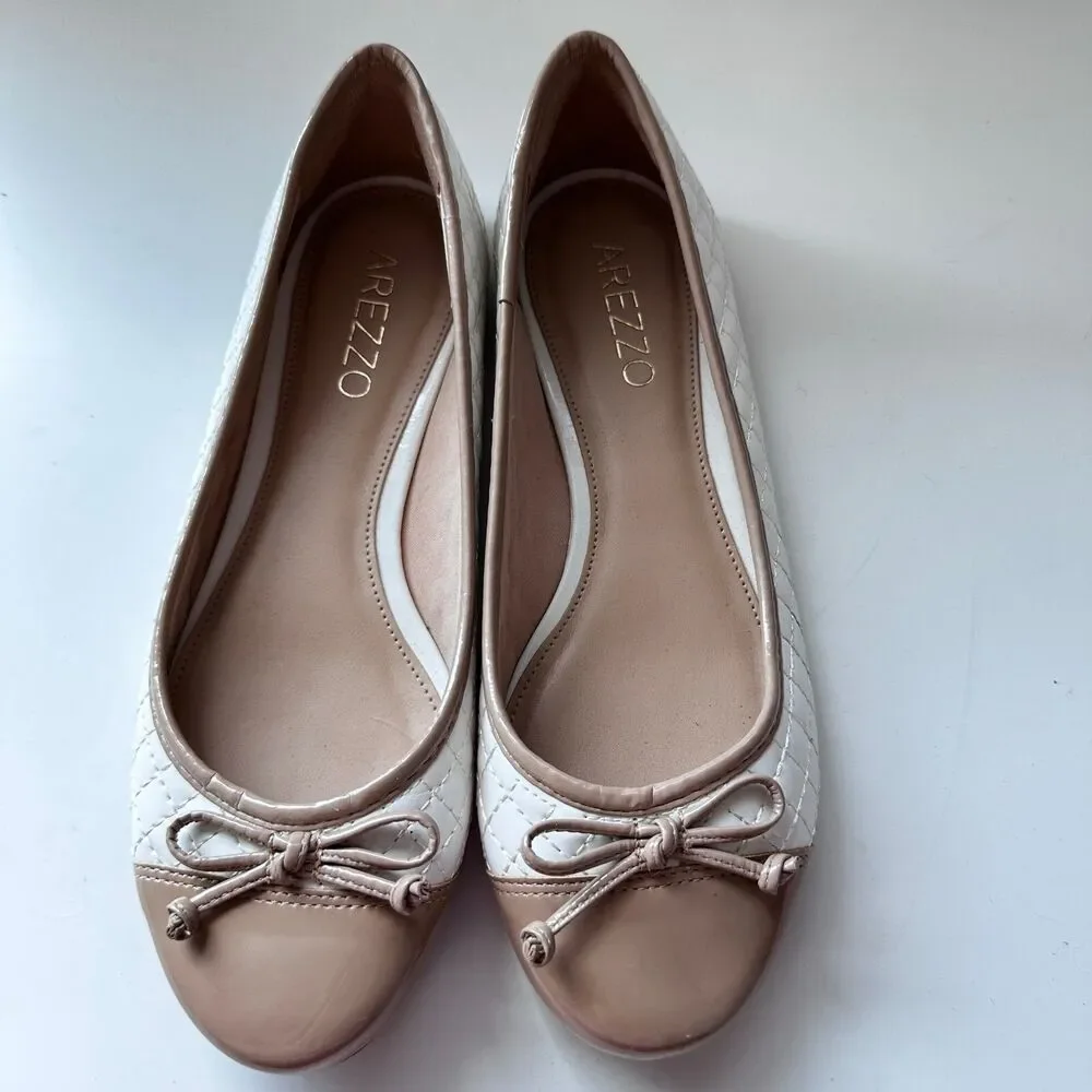 Arezzo Women's Bicolor Bow Ballet Flats Cream Beige Shoes Preppy Size 8